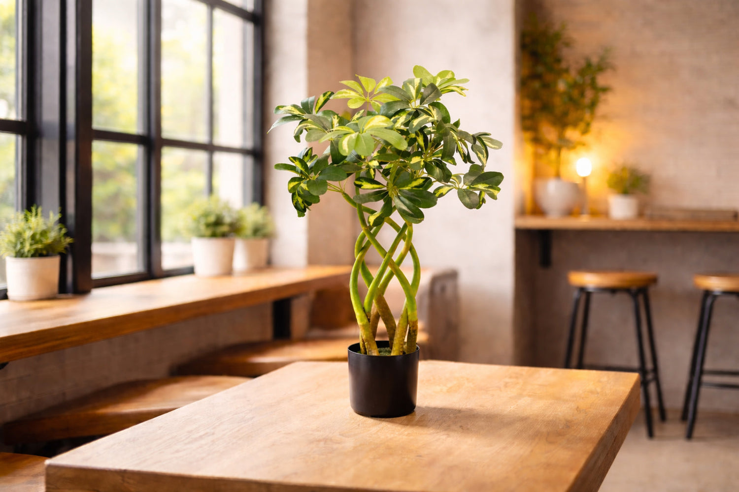 Incredibly Realistic Statement Design Artificial Plants - Twisted Stem Schefflera Gold Capella Plant in Black Pot