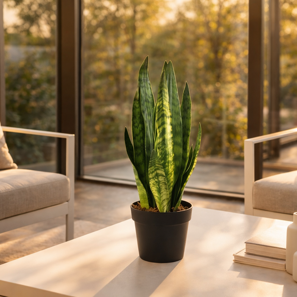 Artificial snake plant (sansevieria) beside a window in a bright home office