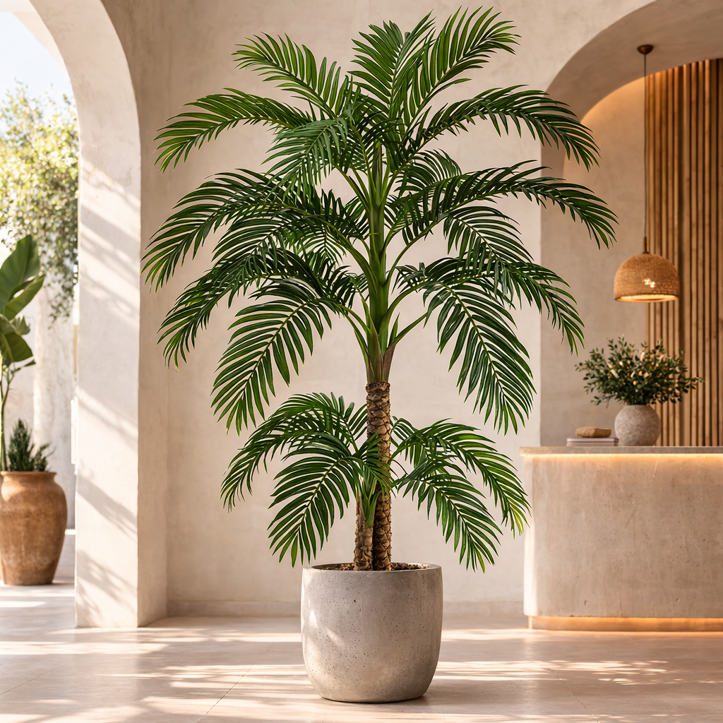 Tall 260cm artificial coco palm tree adding height to an arched room