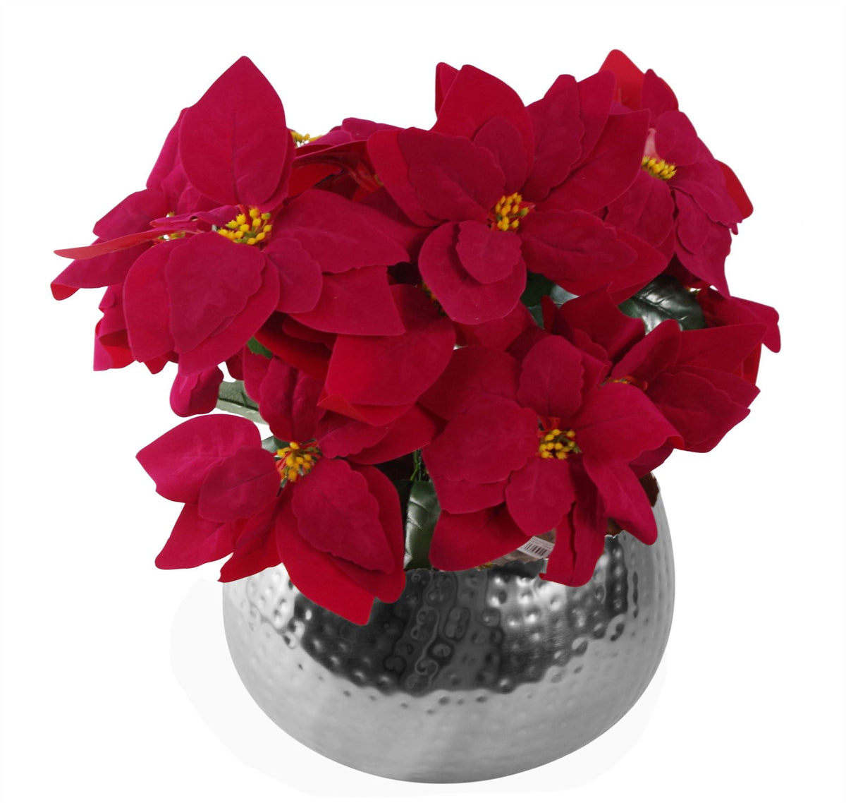 Artificial Christmas Poinsettia Table Display, Large Metal Planter – Silver / Straight Edge