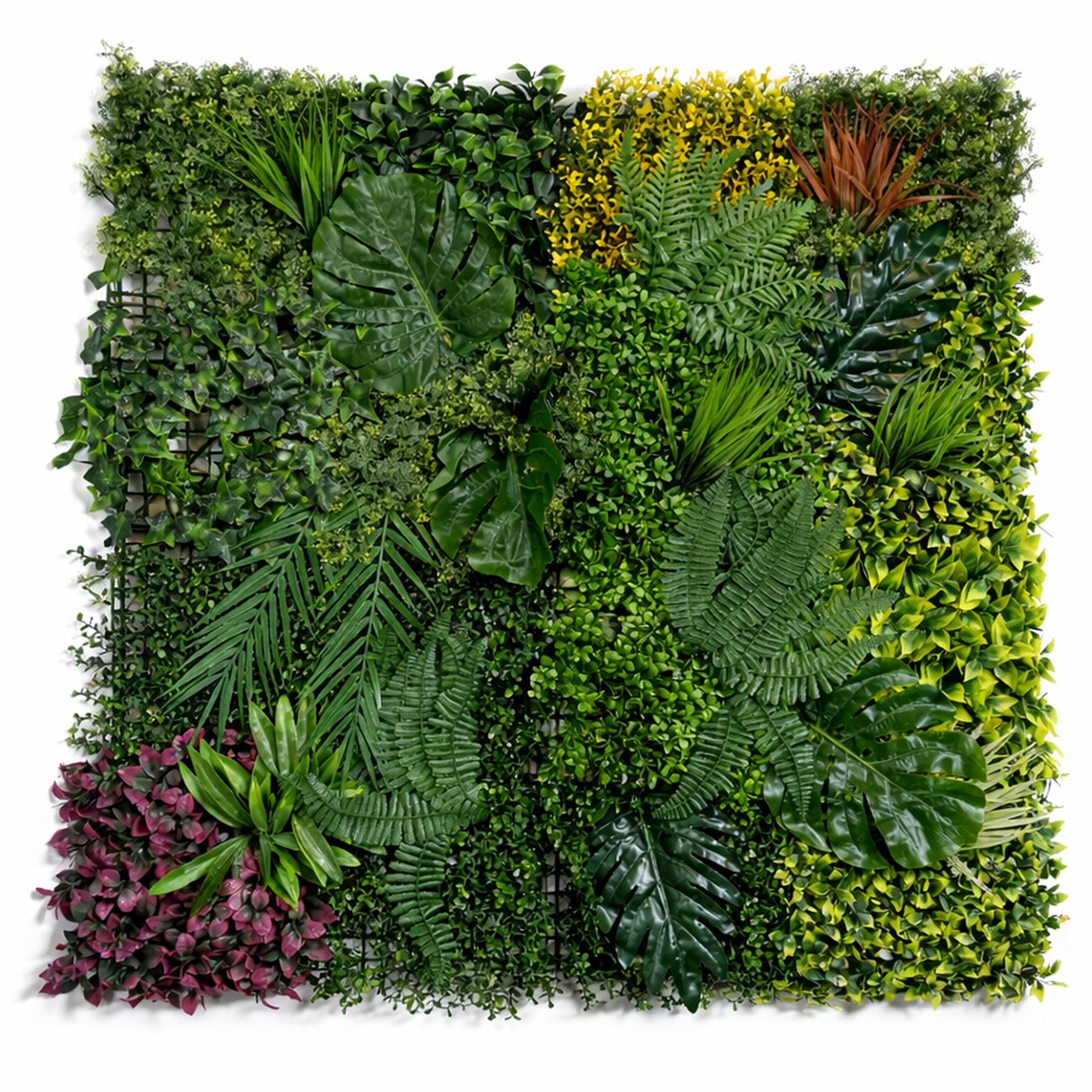 Panneau mural végétal artificiel de 100 cm, mélange tropical avec feuillage de Monstera et de fougère