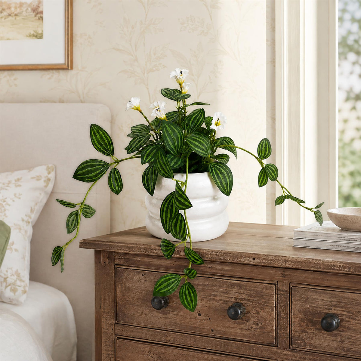 45cm Artificial Trailing Striped Leaf Plant with Flowers in White Pot