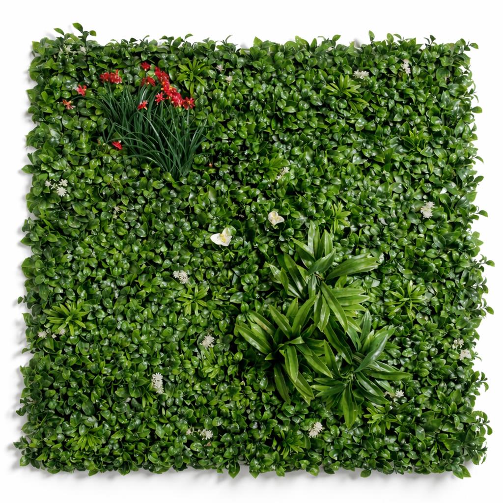 Panneau mural végétal artificiel 100 cm avec feuillage mixte et détails floraux