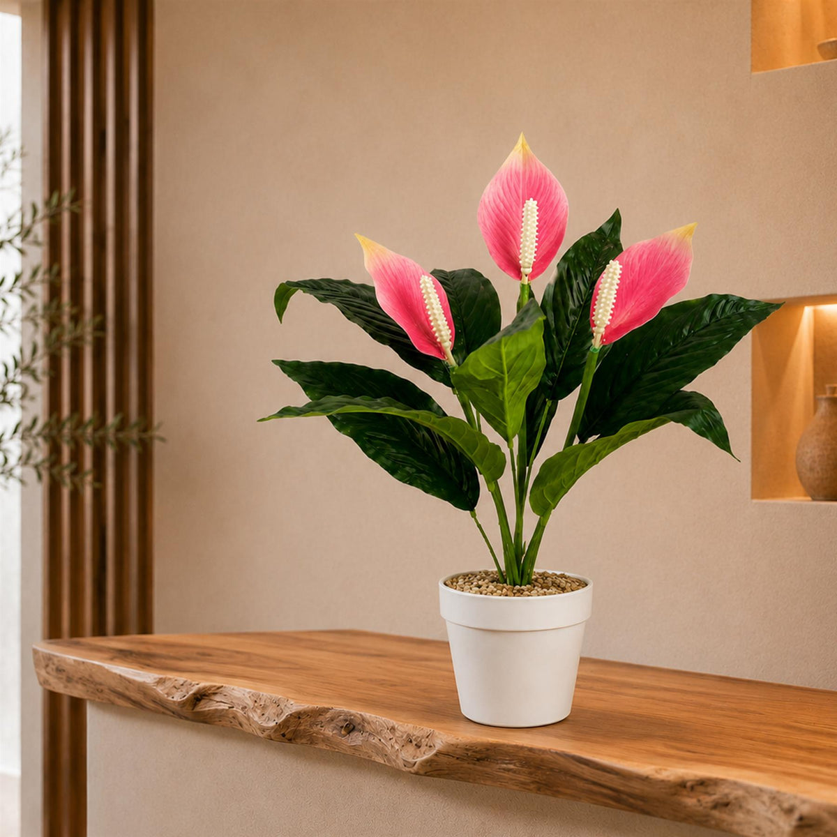 38cm Artificial Pink Peace Lily Plant in White Pot