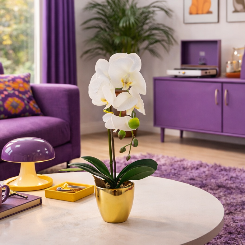 46cm Artificial Orchid Dark White / Silver