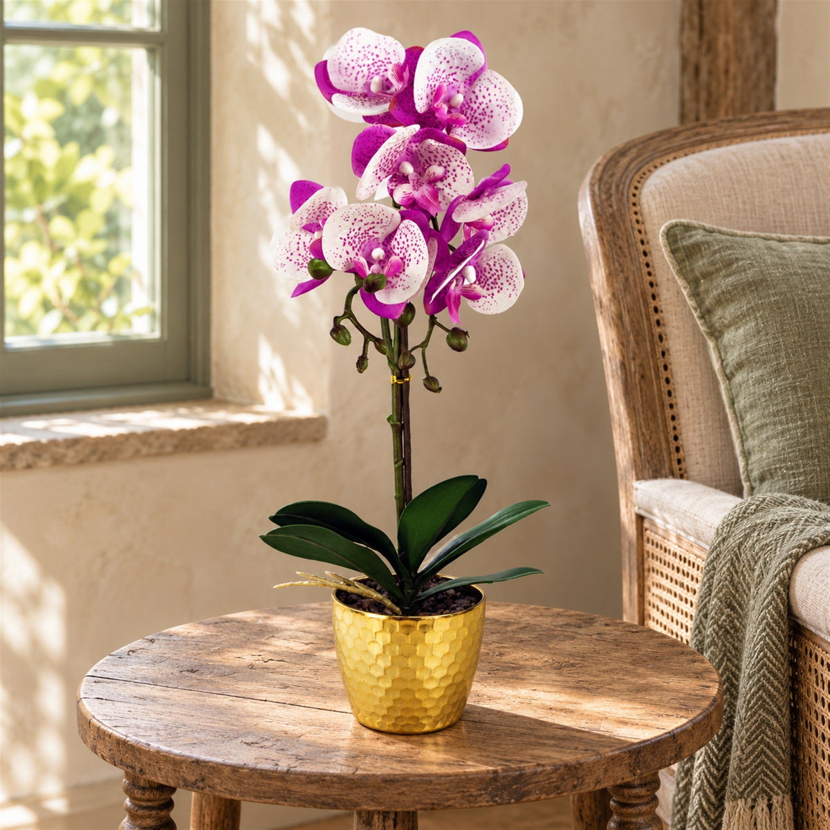 50cm Phalaenopsis Orchid Artificial - Purple / White - Gold Pot