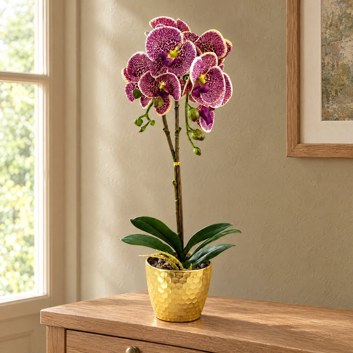 50cm Phalaenopsis Orchid Artificial - Purple Leopard - Gold Pot