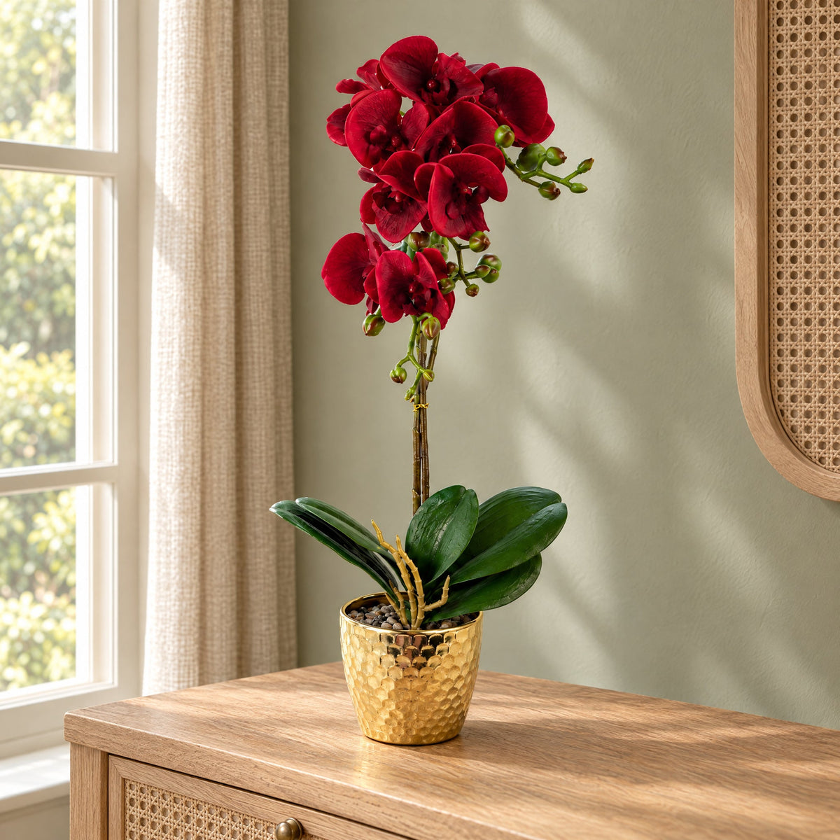 50cm Phalaenopsis Orchid Artificial - Dark Red - Gold Pot