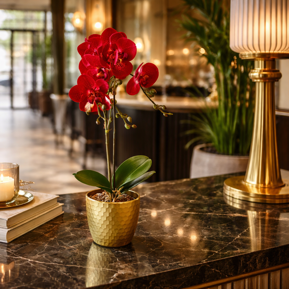 50cm Phalaenopsis Orchid Artificial - Red Leopard - Gold Pot