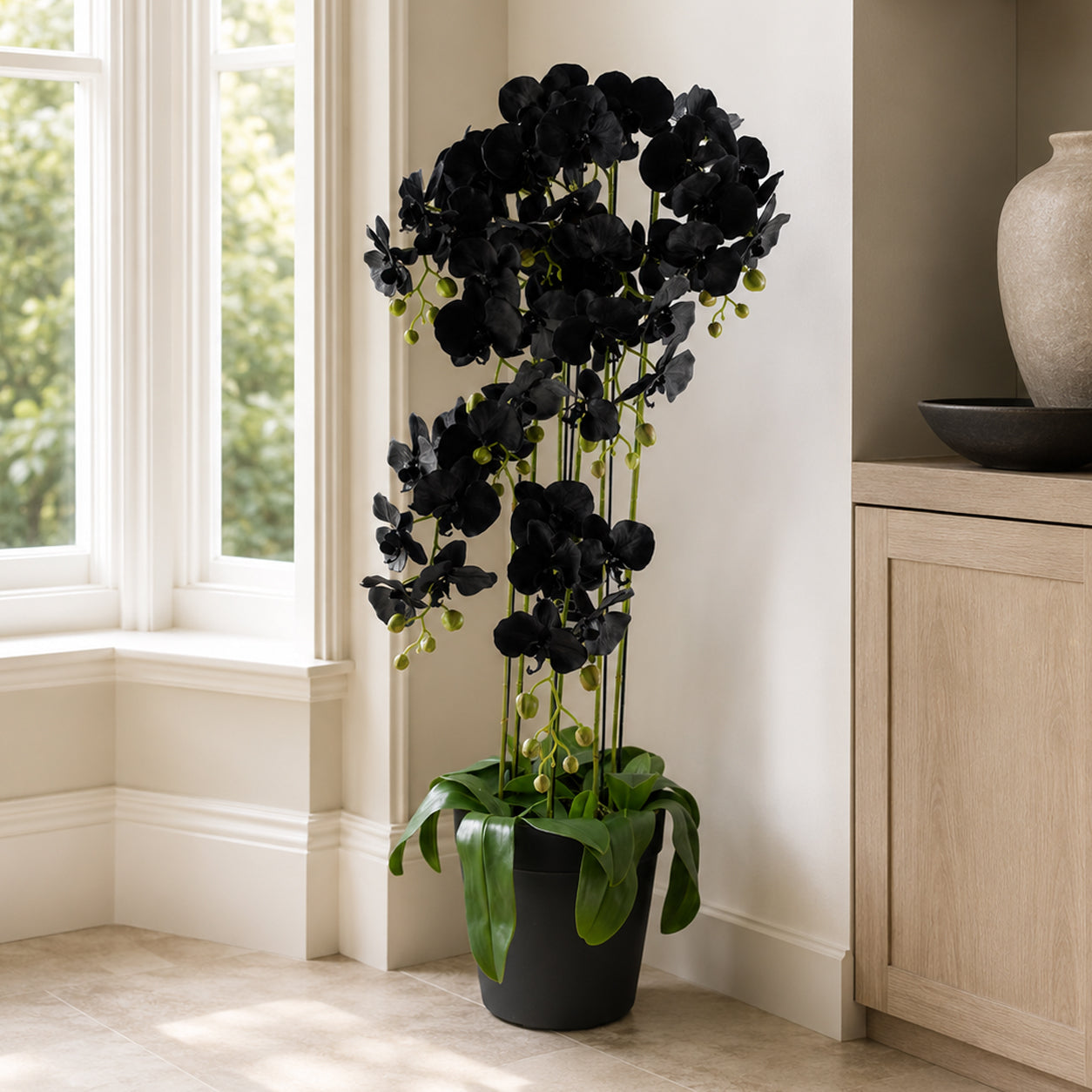 110cm große schwarze Orchideenpflanze – Künstlich – 41 ECHTE BLÜTEN