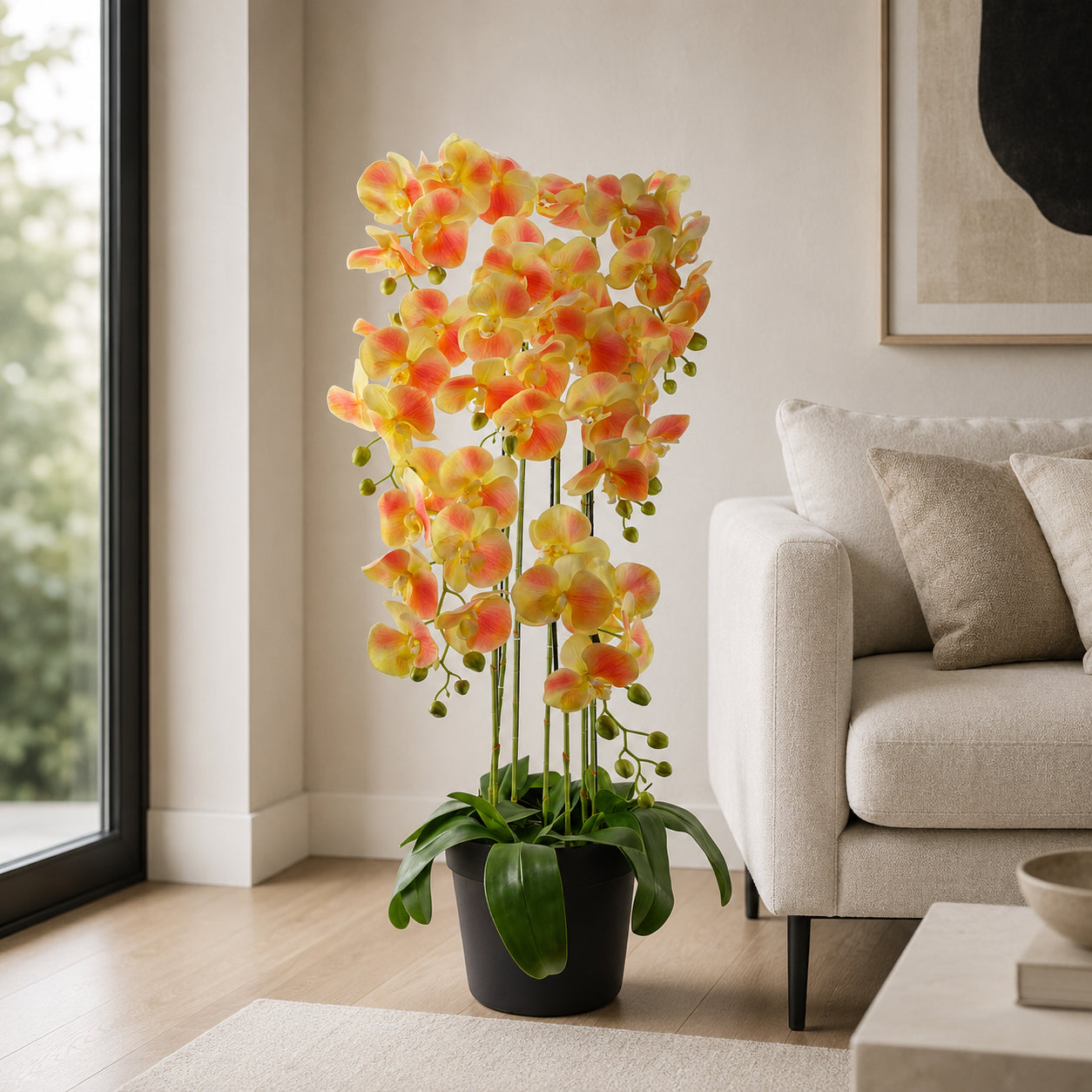 110cm große gelbe Pfirsich-Orchideenpflanze - Künstlich - 41 REAL TOUCH Blüten