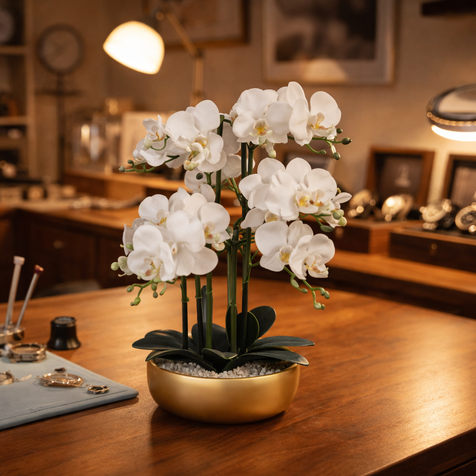 60cm Orchid Artificial  White - Gold Ceramic Planter