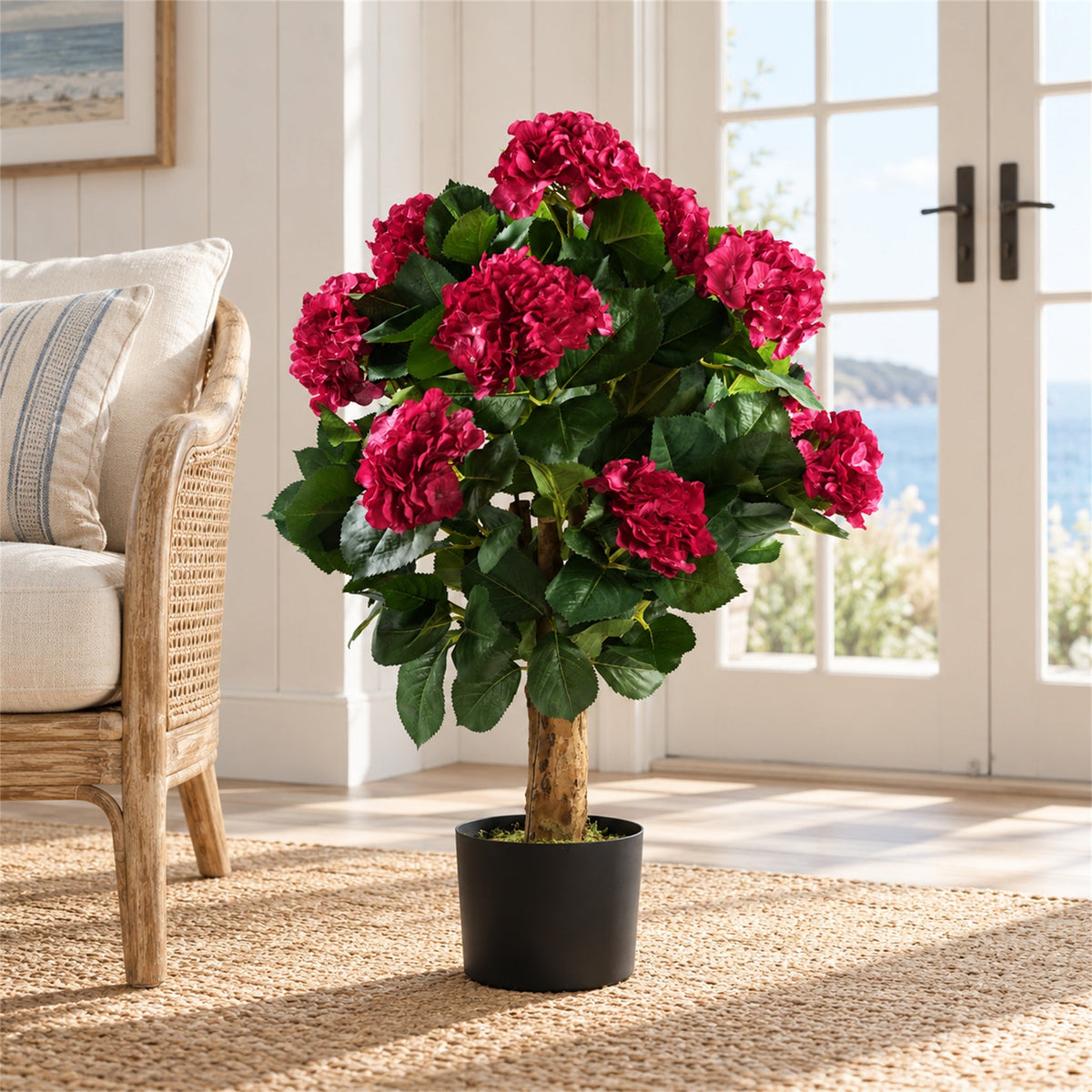75cm Artificial Pink Bush Hydrangea Plant Potted
