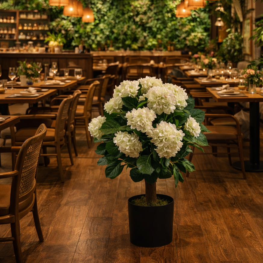 70cm Artificial White Bush Hydrangea Plant Potted