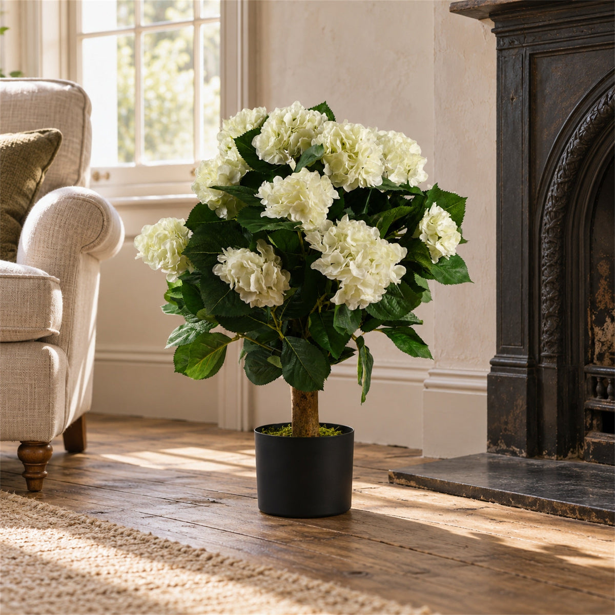 70cm Artificial White Bush Hydrangea Plant Potted