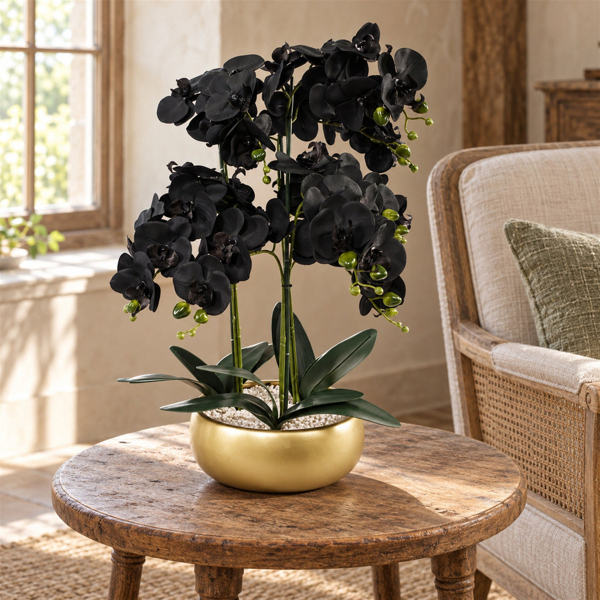 60cm Orchid Artificial Black - Gold Ceramic Planter