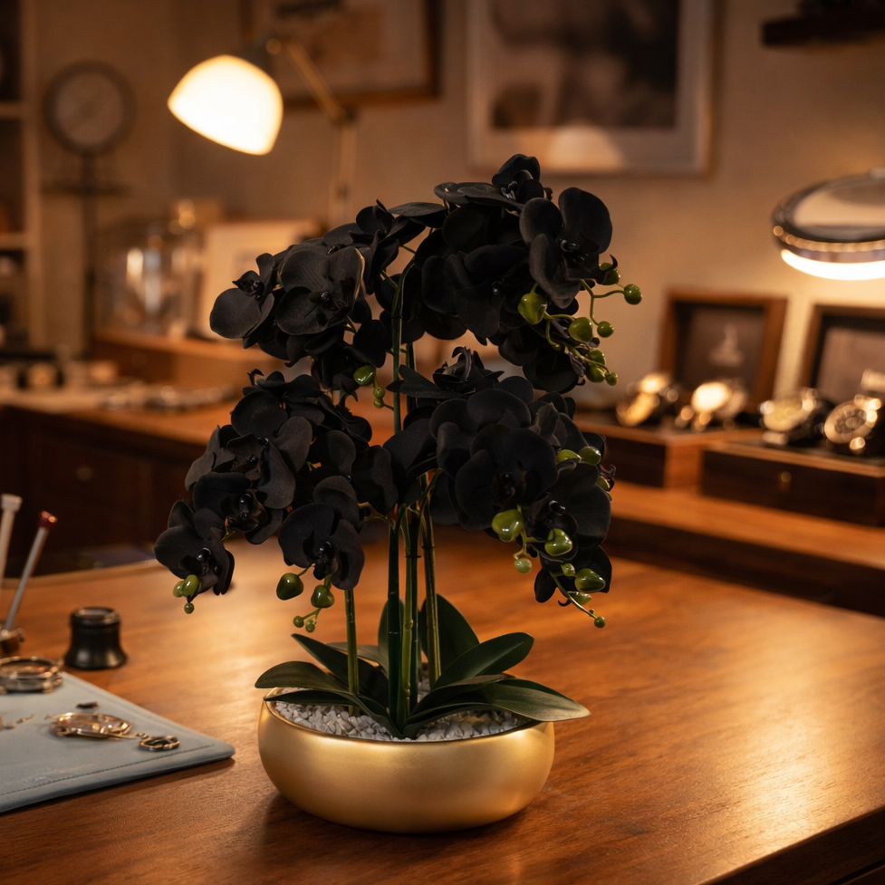 60cm Orchid Artificial Black - Gold Ceramic Planter