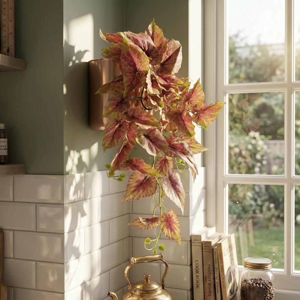 Caladium artificiel retombant rose et vert – 30 cm