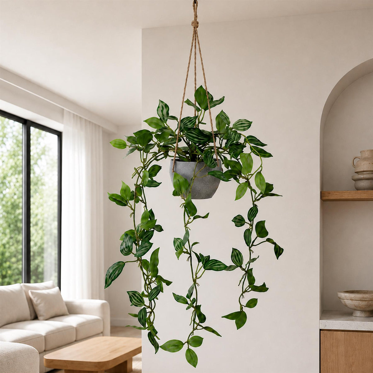 70cm Artificial Green Tradescantia Hanging Plant in Grey Pot