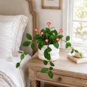 45cm Artificial Trailing Striped Leaf Plant with Pink Flowers in White Pot
