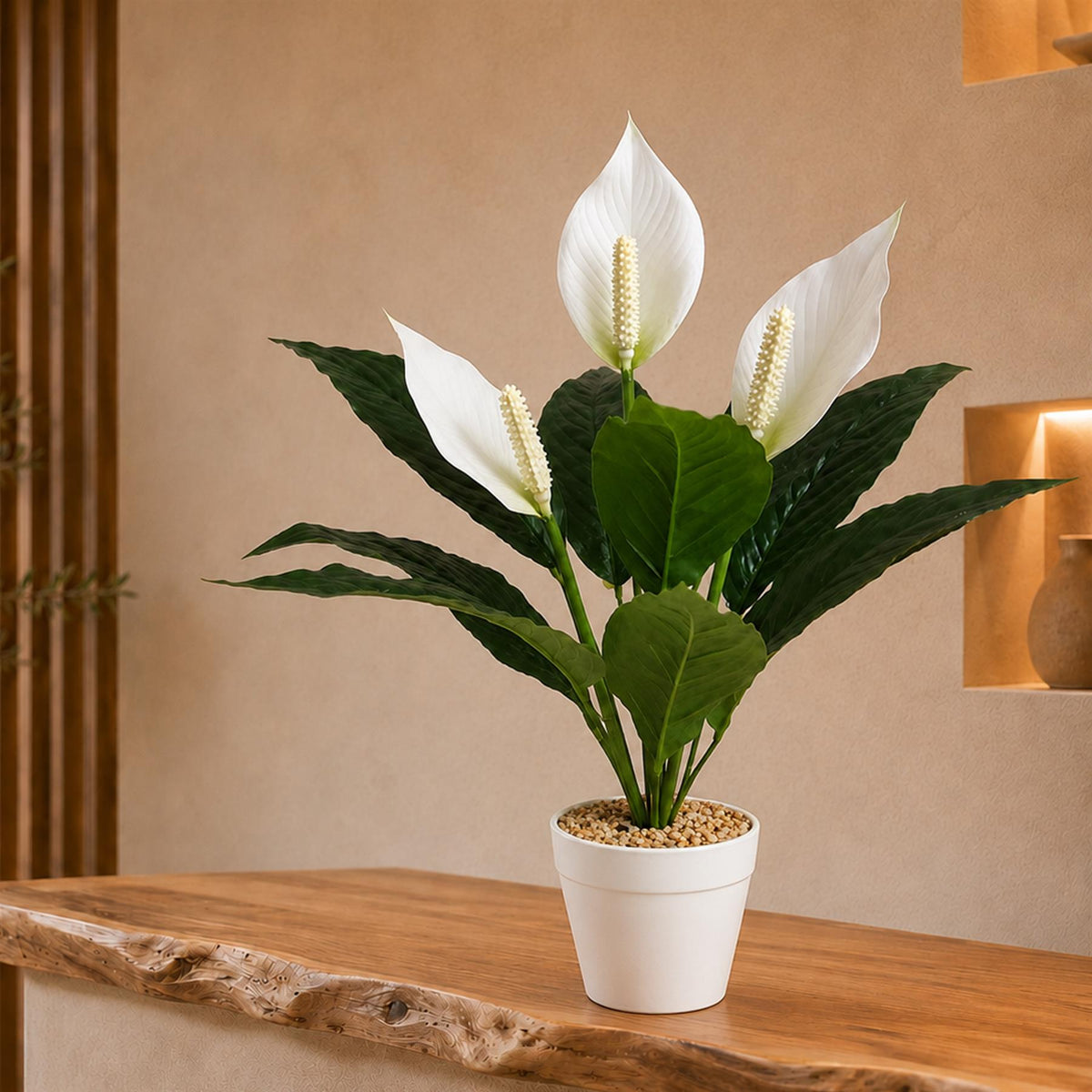38cm Artificial White Peace Lily Plant in White Pot