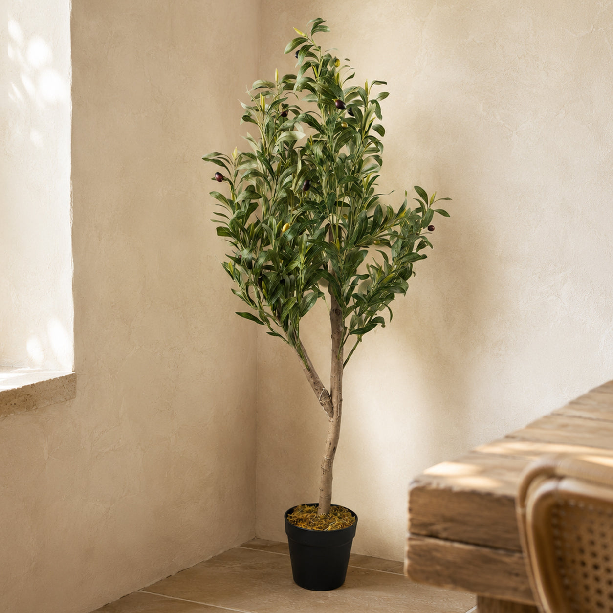 120cm künstlicher Olivenbaum in Natur-Optik mit Echtholzstamm