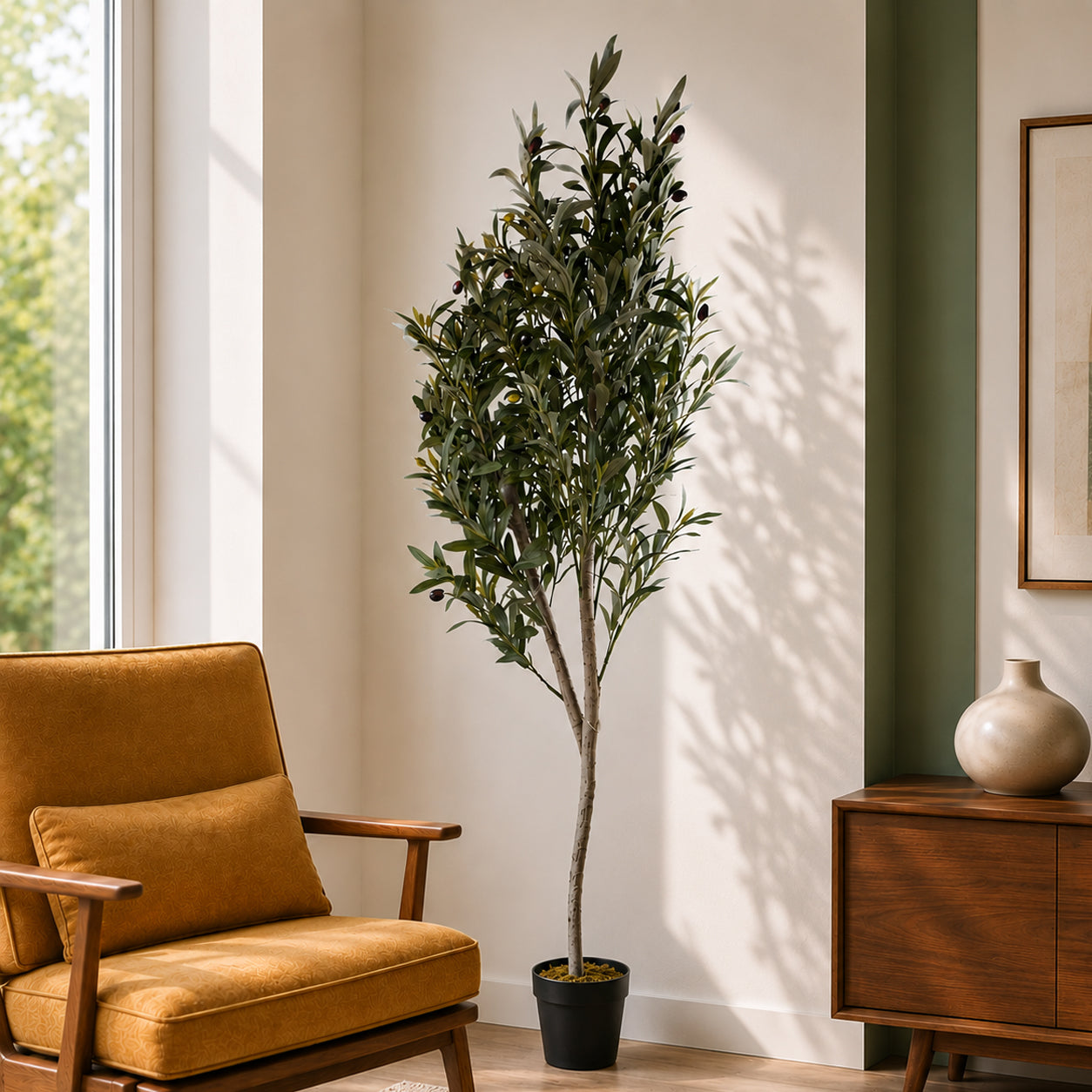 180 cm künstlicher Olivenbaum in natürlicher Optik mit Holzstamm