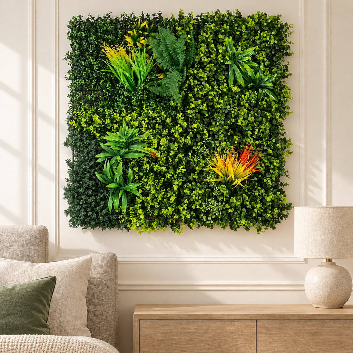 100cm Artificial Mixed Green Foliage Wall Panel with Ferns and Yellow Grass Accents