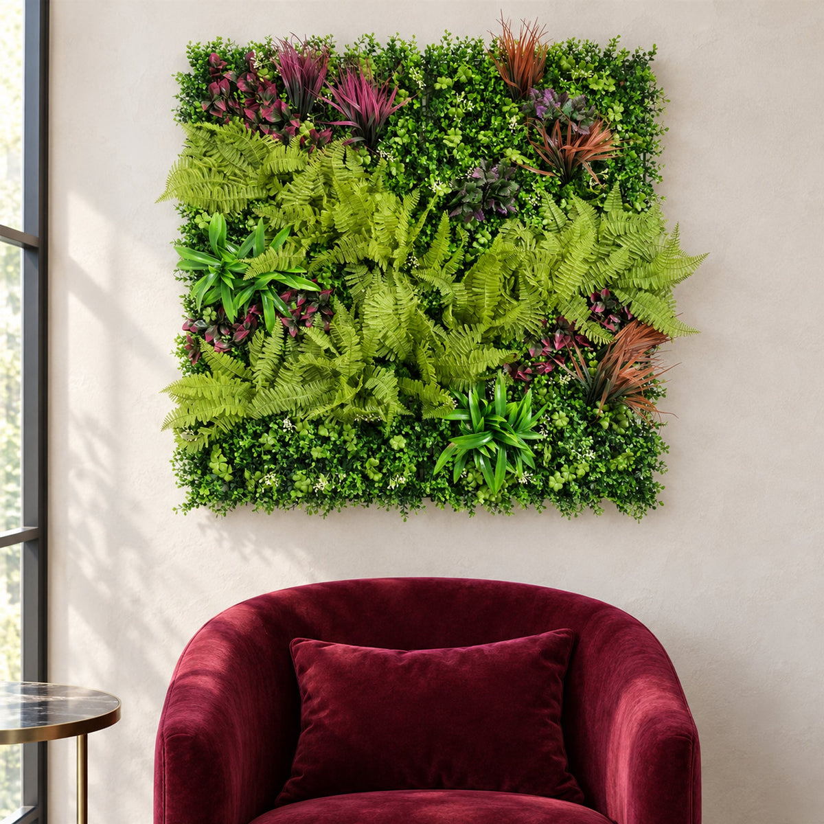 100cm Artificial Fern & Mixed Foliage Green Wall Panel with Burgundy and Grass Accents
