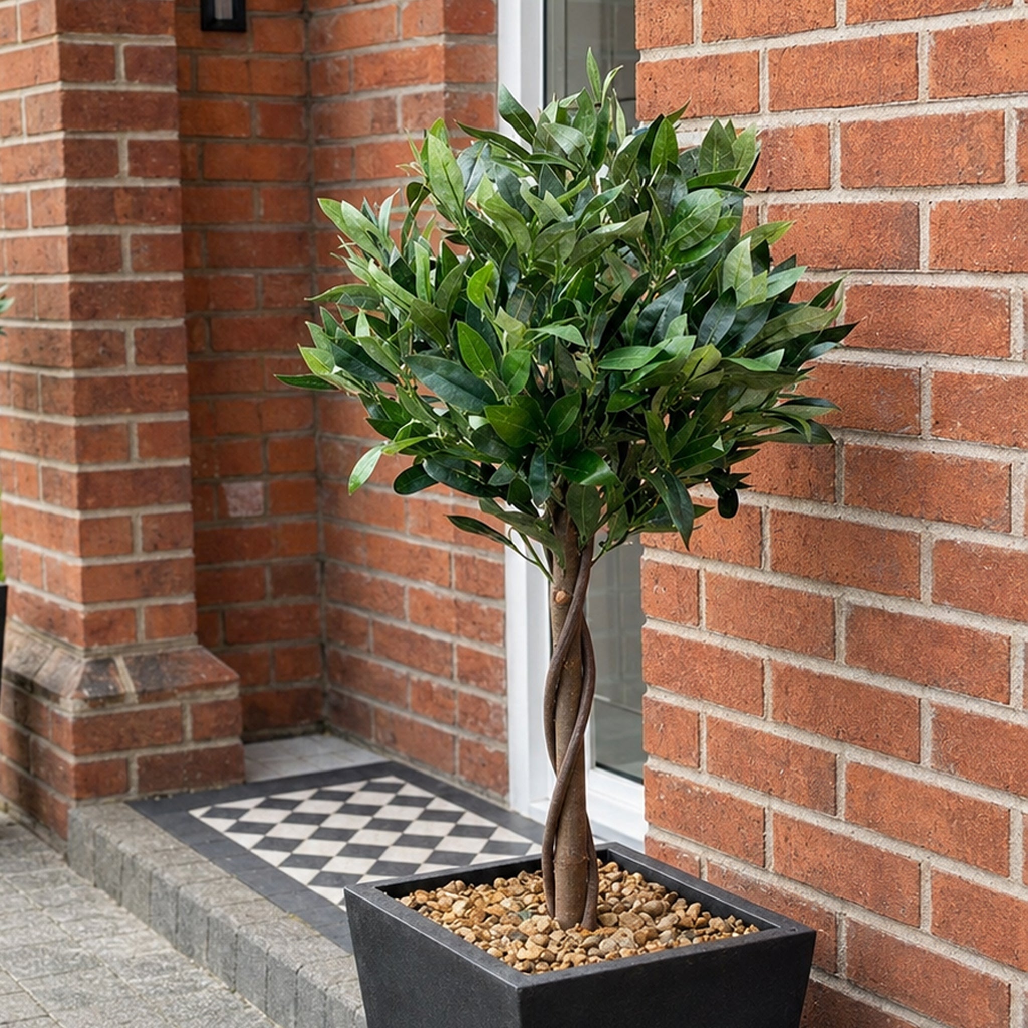 Künstlicher Lorbeerbaum mit natürlichem verdrehtem Stamm, Kugelform, Lorbeerkugelbaum