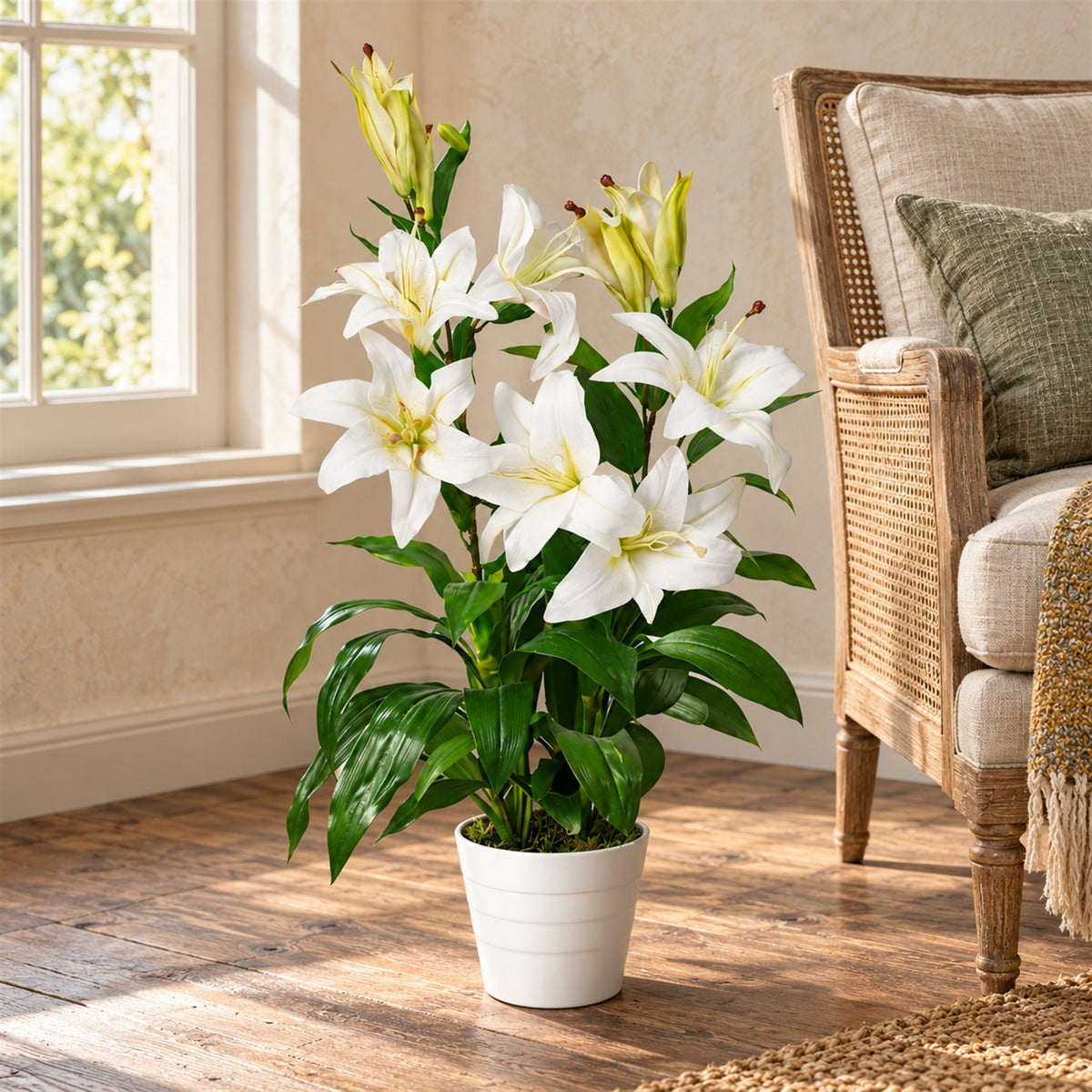 90cm Artificial Stargazer Lily Plant - Large Flowers, White Pot