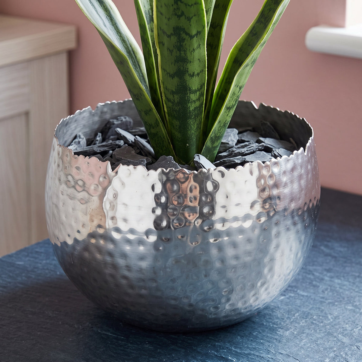 Large Metal Display Bowl Hammered Finish - Curved Edge