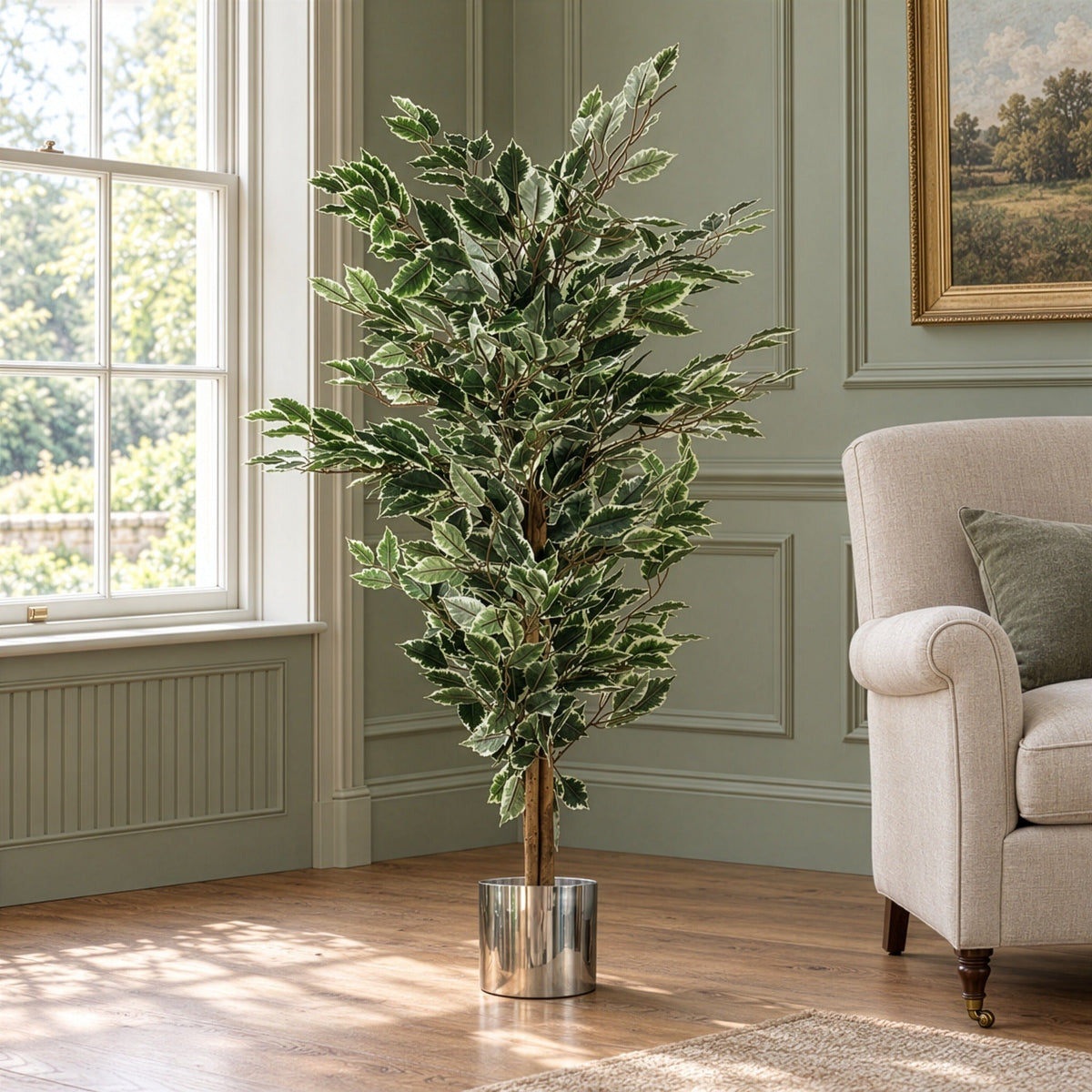 130cm Artificial Variegated White/Green Bushy Ficus Tree