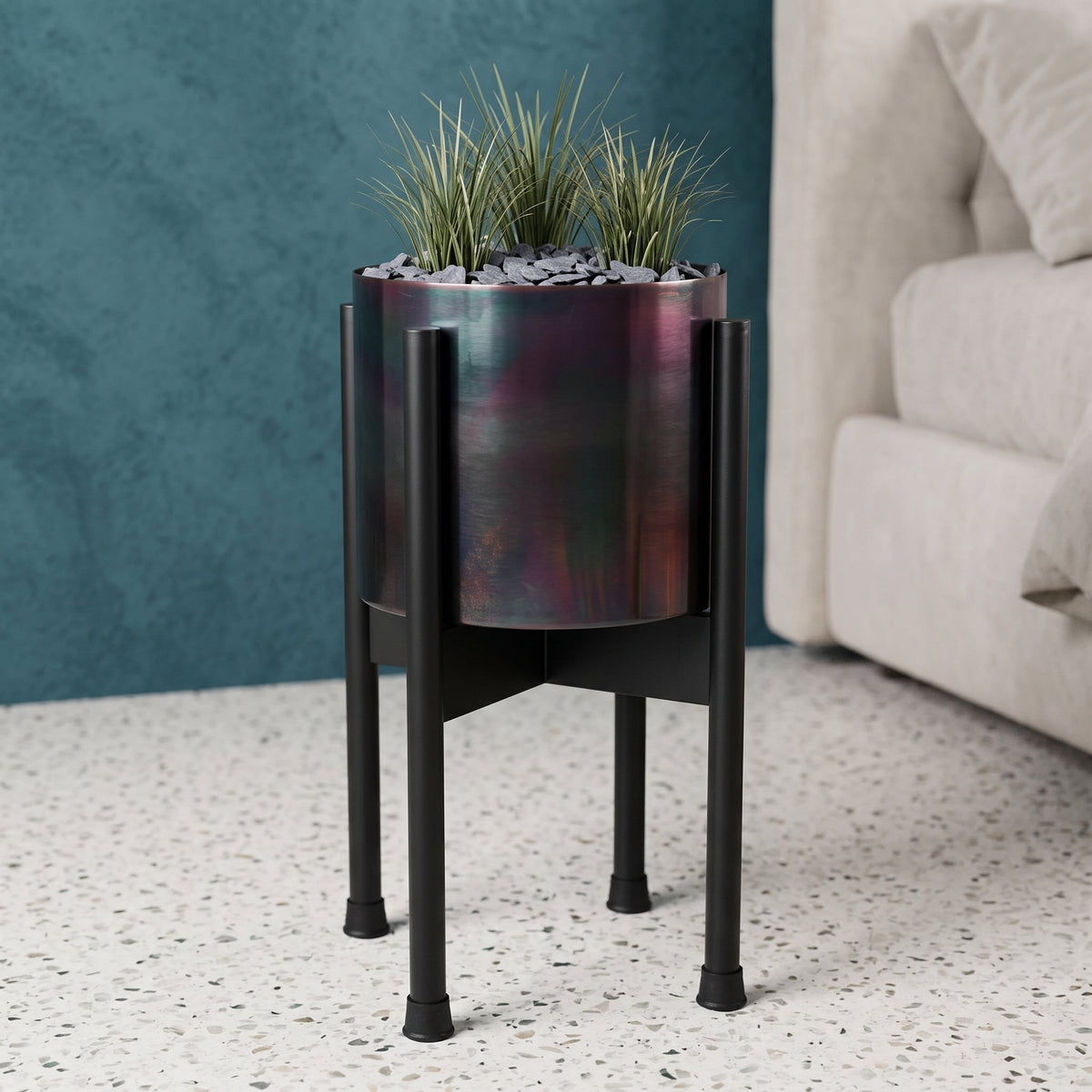 Medium Black Stand with Metal Planter 38.5cm x 18cm