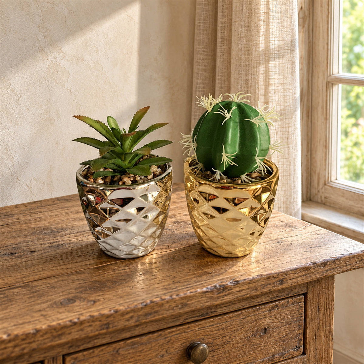 15cm Set of 2 Silver & Gold Planters, Artificial Cactus & Dracaena