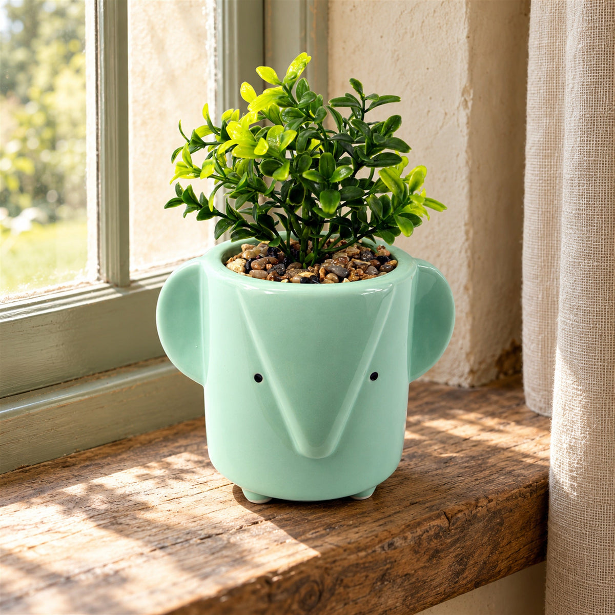 20cm Ceramic Blue Elephant Planter with Artificial Foliage Plant