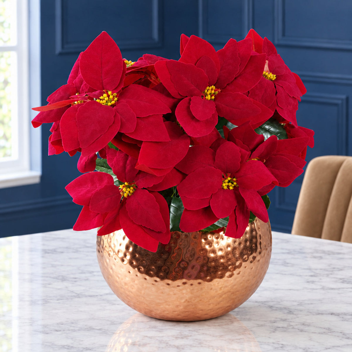 Artificial Christmas Poinsettia Table Display, Large Metal Planter