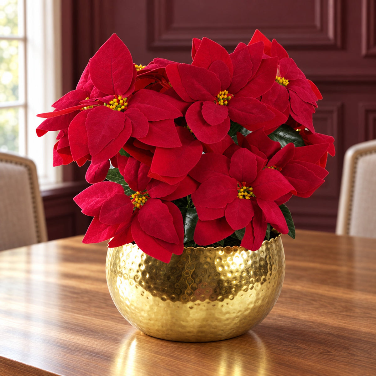 Artificial Christmas Poinsettia Table Display, Large Metal Planter