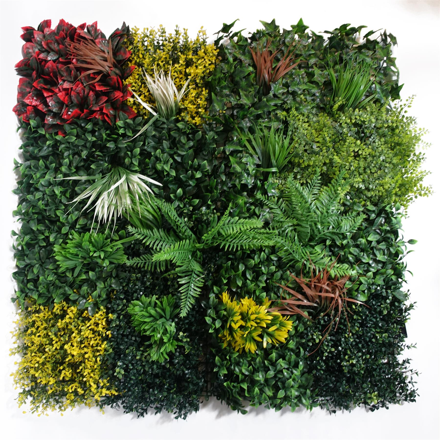 Panneau mural végétal artificiel 100 cm feuillage tropical mixte avec détails floraux rouges et jaunes