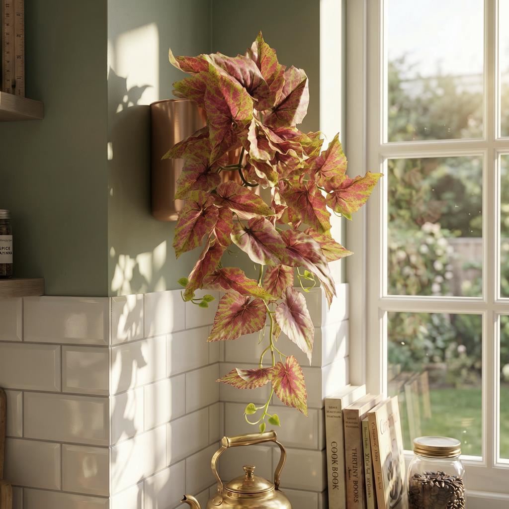 Caladium artificiel retombant rose et vert – 30 cm