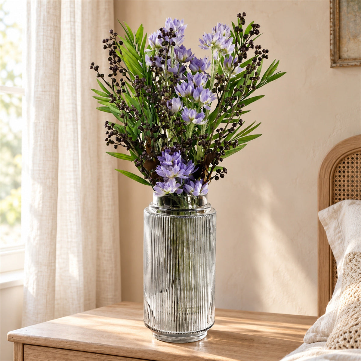 60cm Artificial Purple Starflower Display Glass Vase