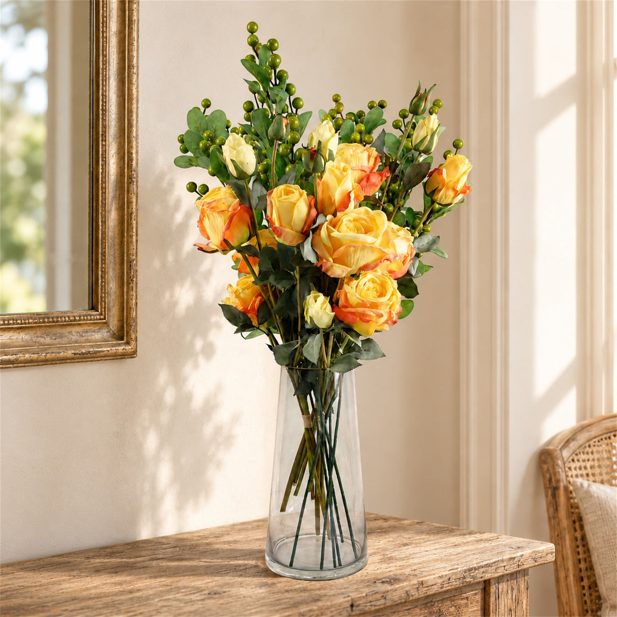 60cm Yellow Rose Artificial Flowers Glass Vase