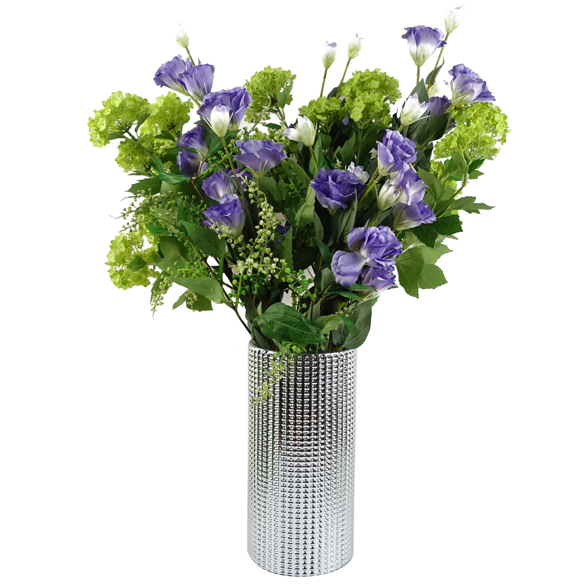 60cm künstliches Arrangement aus lila Wildrosen in einer silbernen Glasvase