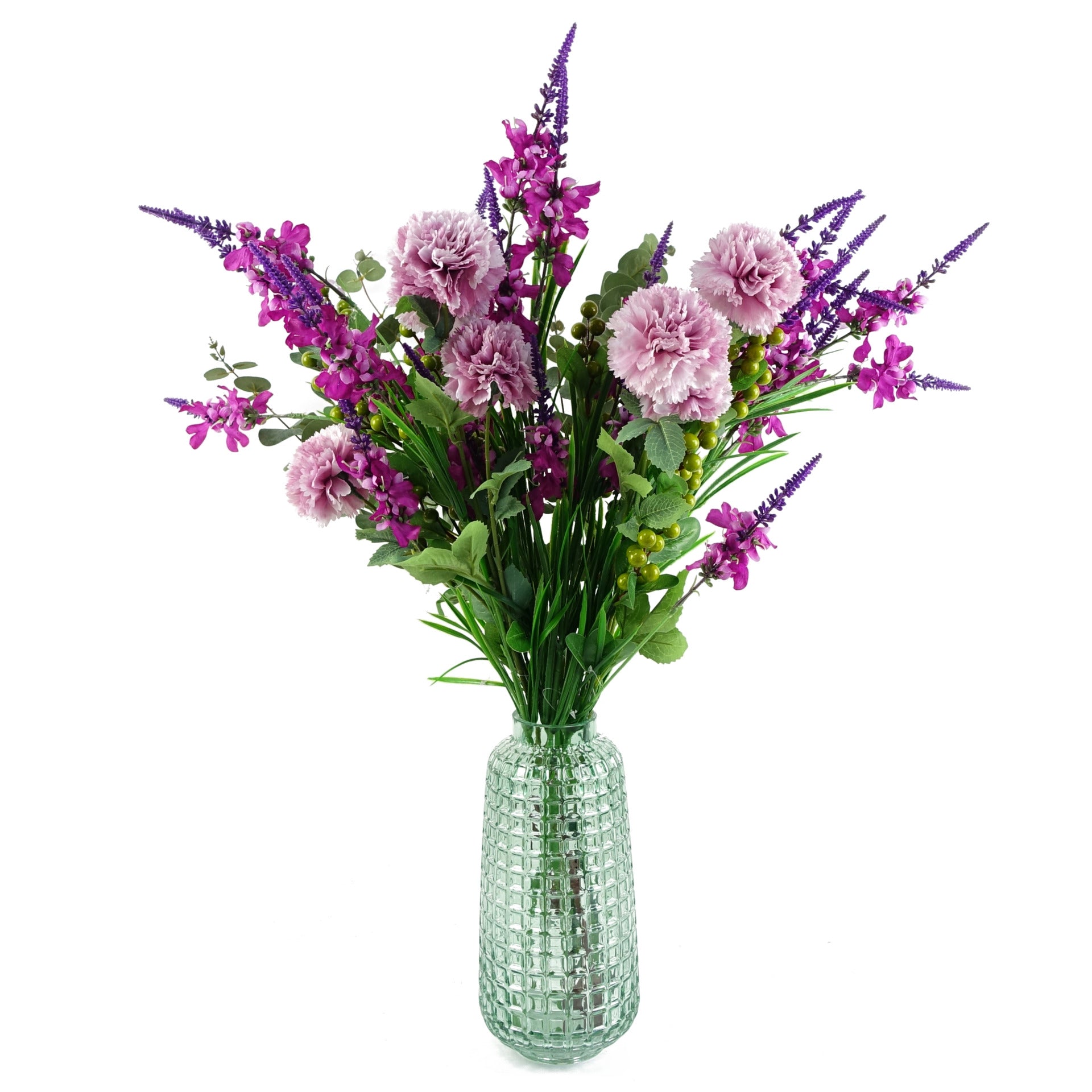 Vase en verre avec œillets roses artificiels et delphiniums de 80 cm