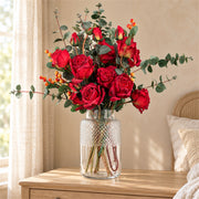 60cm Artificial Red Rose and Eucalyptus Glass Diamond Vase
