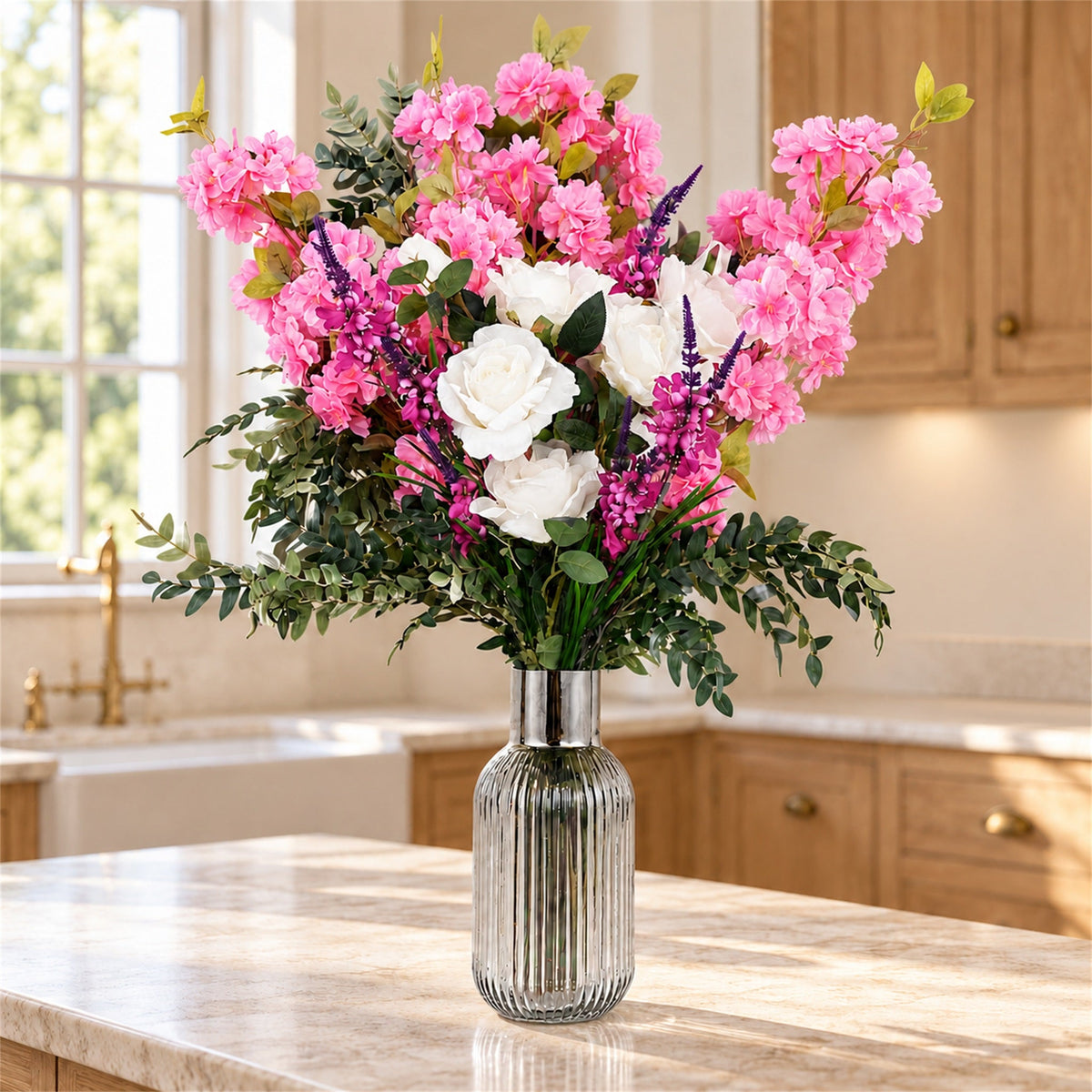 100cm Artificial Pink Blossom White Rose Arrangement Glass Vase