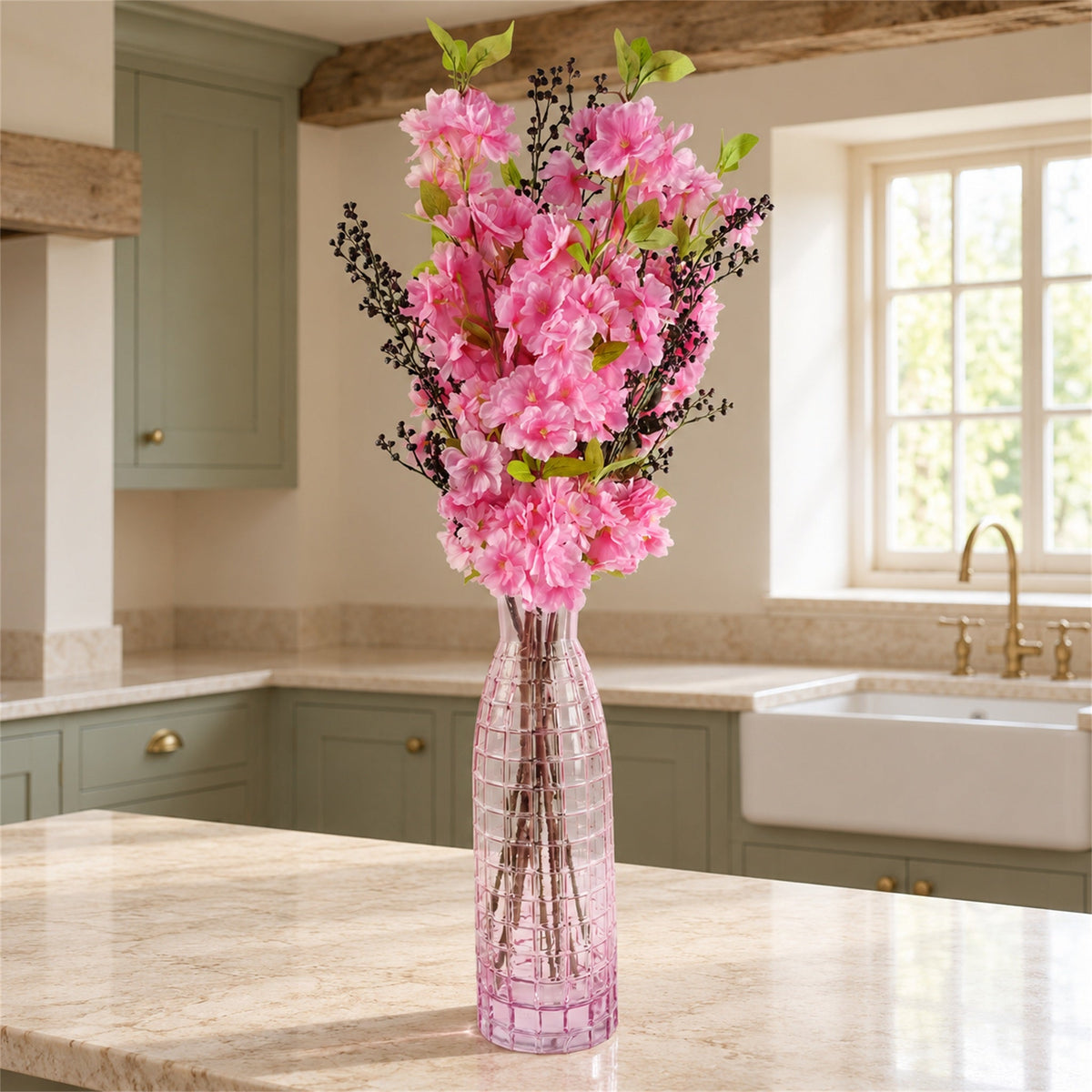 100cm Pink Artificial Blossom and Berries Glass Vase