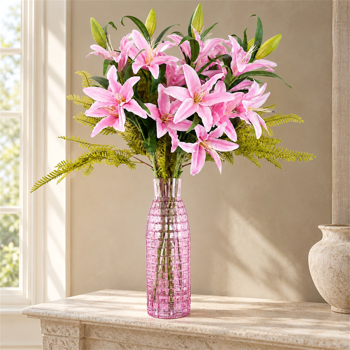 100cm Artificial Pink Lily and Fern Display Glass Vase