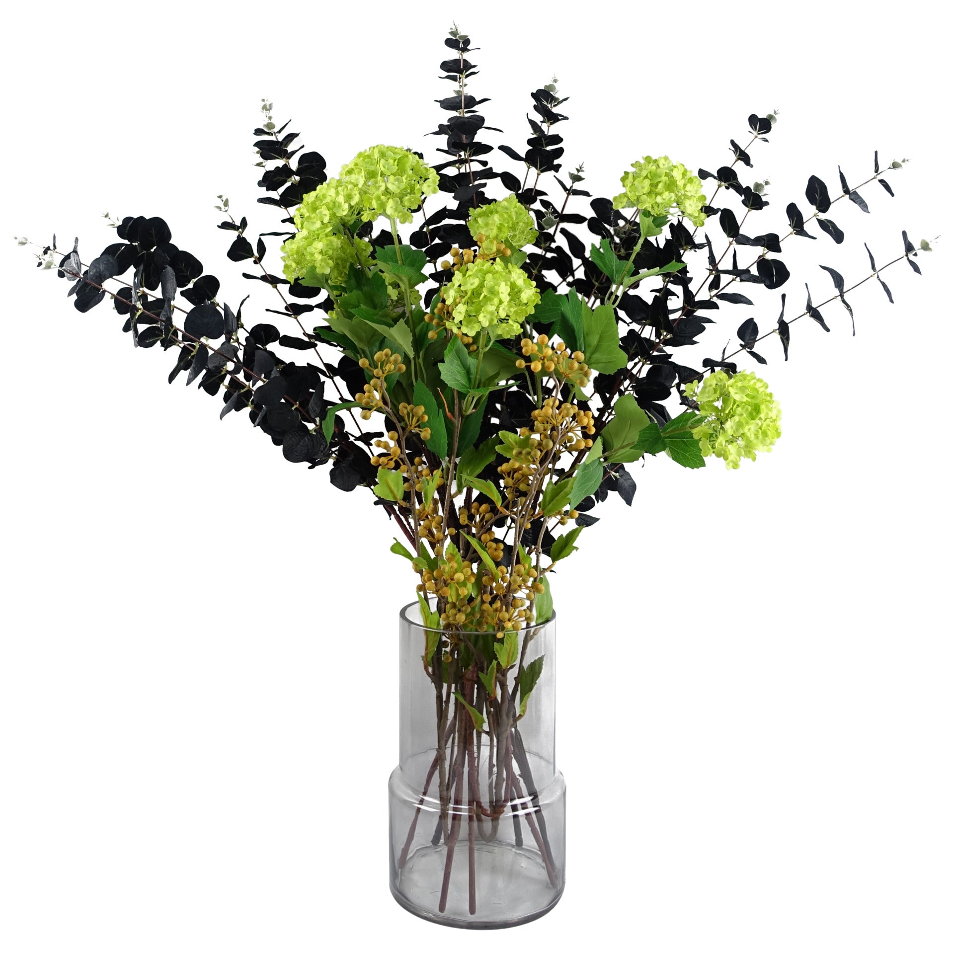 80 cm künstliches Arrangement aus schwarzem Eukalyptus und Viburnum in Glasvase