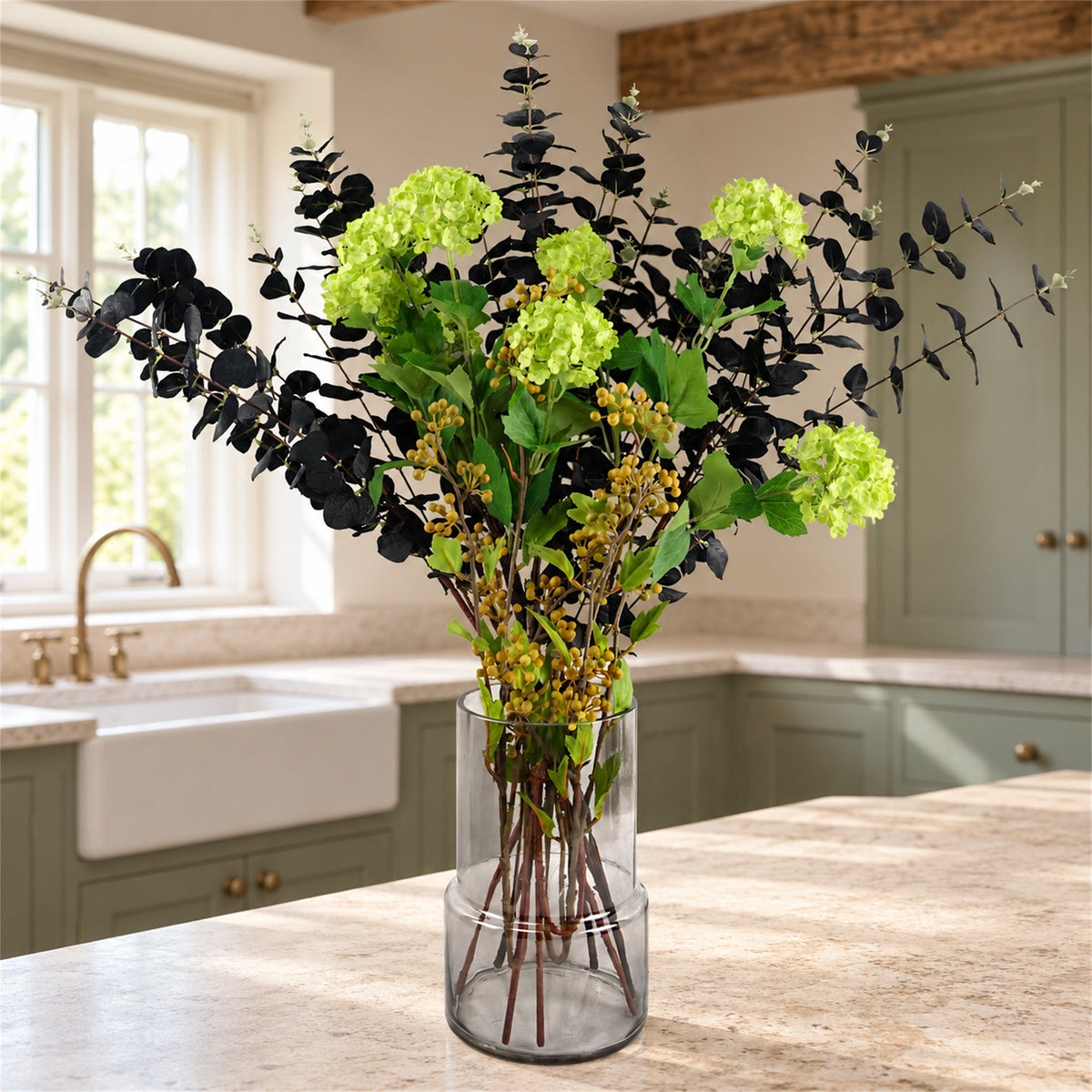 80cm Artificial Black Eucalyptus and Viburnum Arrangement Glass Vase